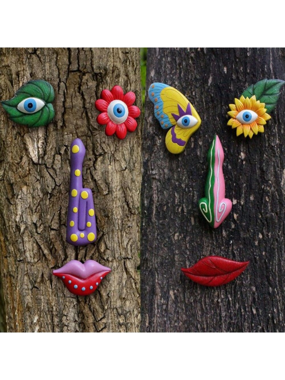 Colorful 2 Pack Outdoor Tree Faces Decor - Funny Garden Art for Patio & Walls